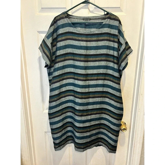 Eileen Fisher Sz‎ Large Striped 100% Linen Boxy Dress Organic Teal Blue Stripes - Picture 1 of 7